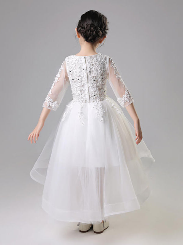 Flower Kid's Wedding Gown Girl Princess Dress Puffy Yarn White Trailing Performance Costume - Dorabear