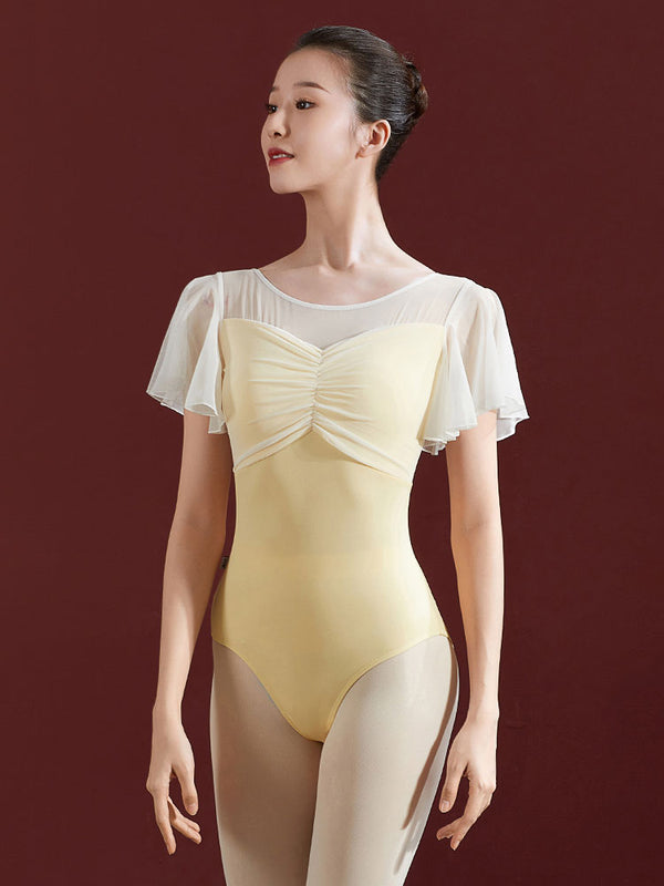 Flying Sleeve Chest Pleated Splicing Mesh Ballet Leotard Dance Practice Clothes - Dorabear