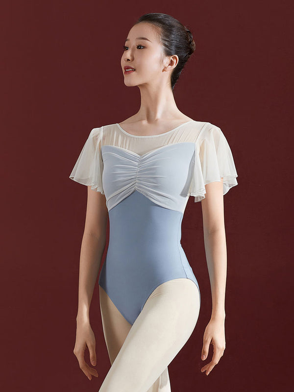 Flying Sleeve Chest Pleated Splicing Mesh Ballet Leotard Dance Practice Clothes - Dorabear