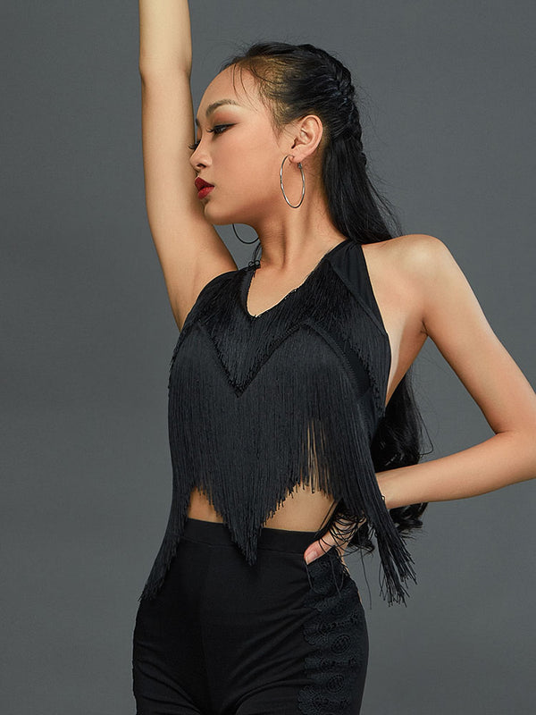 Fringe High Waist Backless Sleeveless Top Latin Dance Cropped Halter Tank Top - Dorabear