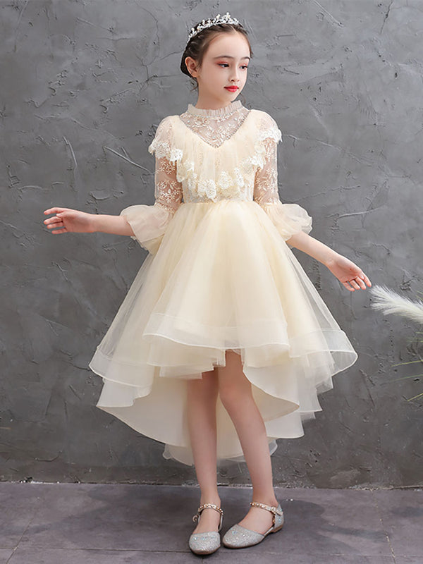 Girl's Birthday Princess Dress Flower Girl Long Sleeve Wedding Dress Piano Performance Costume - Dorabear