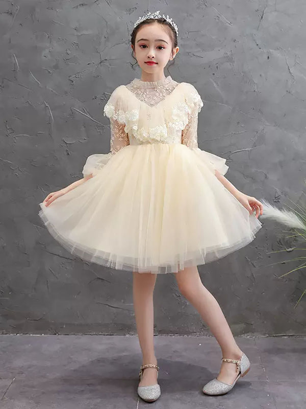 Girl's Birthday Princess Dress Flower Girl Long Sleeve Wedding Dress Piano Performance Costume - Dorabear