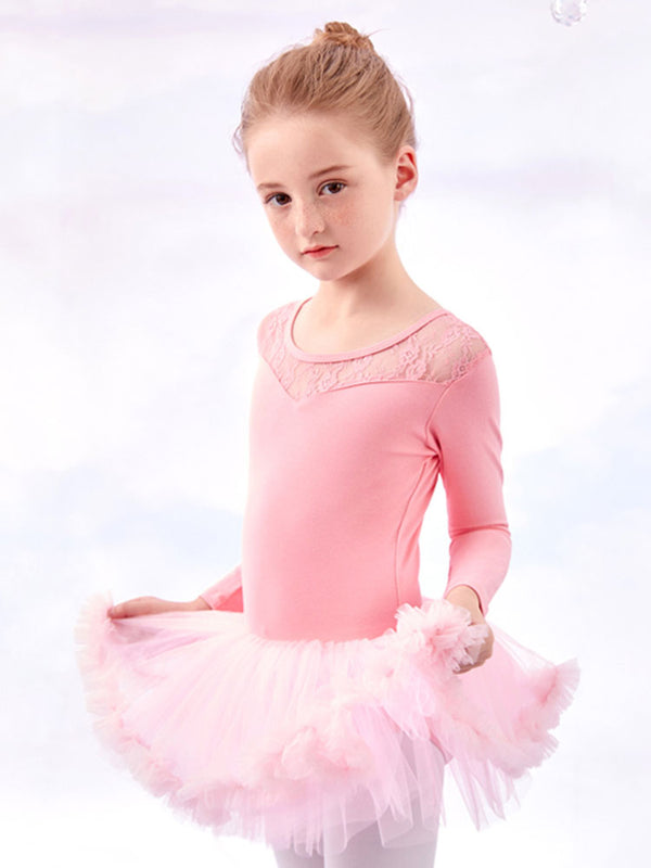 Lace Stitching Tutu Ballet Long-sleeved One-piece Dress Dance Training Clothes - Dorabear