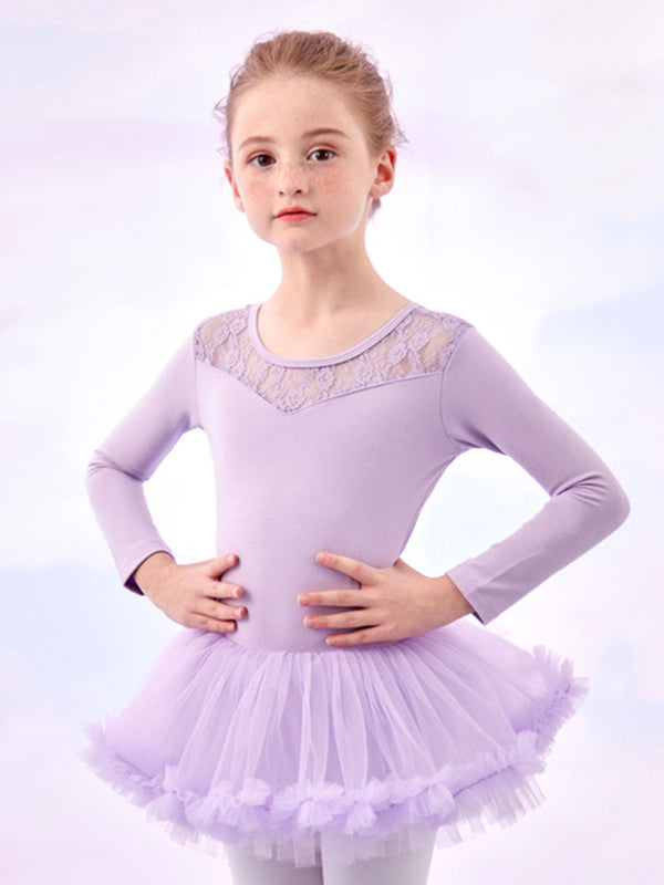 Lace Stitching Tutu Ballet Long-sleeved One-piece Dress Dance Training Clothes - Dorabear