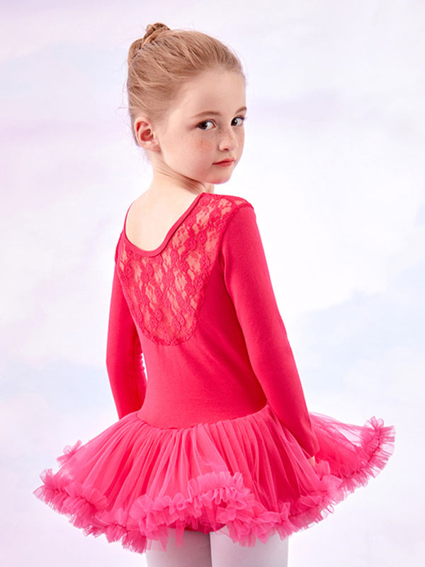 Lace Stitching Tutu Ballet Long-sleeved One-piece Dress Dance Training Clothes - Dorabear