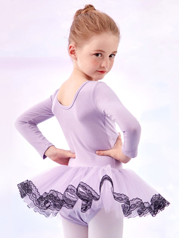 Autumn/Winter Dance Dress V-neck Lace Trim Long-sleeved Ballet Clothes - Dorabear