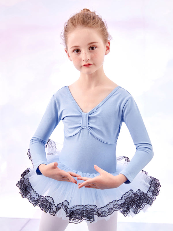 Autumn/Winter Dance Dress V-neck Lace Trim Long-sleeved Ballet Clothes - Dorabear