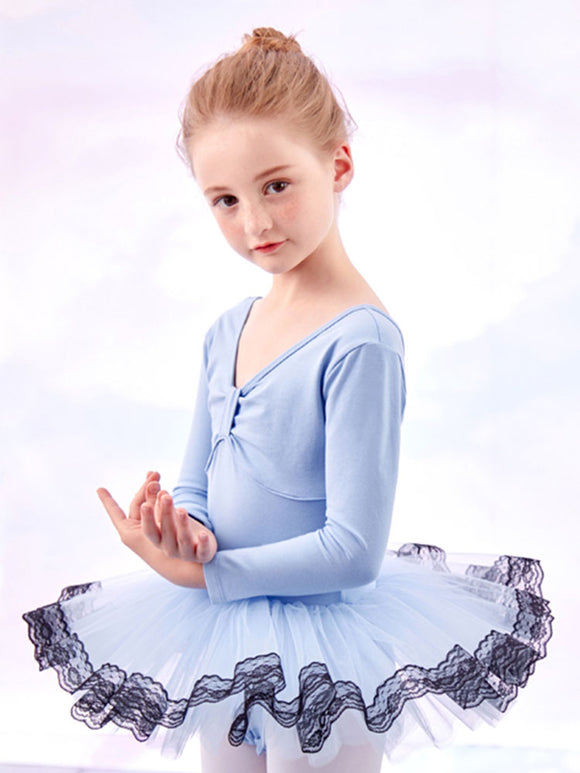 Autumn/Winter Dance Dress V-neck Lace Trim Long-sleeved Ballet Clothes - Dorabear