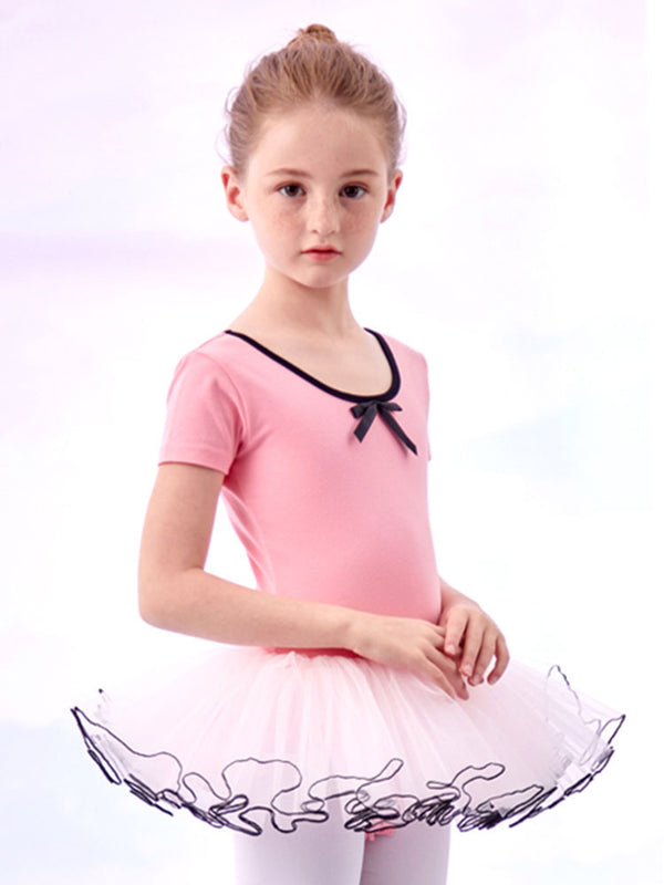 Bow Short Sleeve Ballet Dress Summer Performance Costume Fluffy Skirt - Dorabear