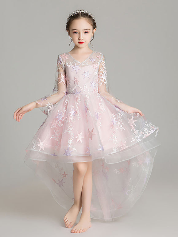 Girls Princess Dress Evening Gown Flower Girl Wedding Dress Long Sleeve Performance Costume - Dorabear