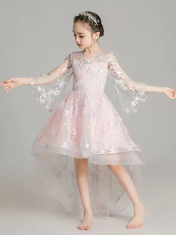 Girls Princess Dress Evening Gown Flower Girl Wedding Dress Long Sleeve Performance Costume - Dorabear