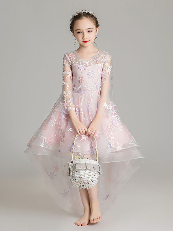 Girls Princess Dress Evening Gown Flower Girl Wedding Dress Long Sleeve Performance Costume - Dorabear