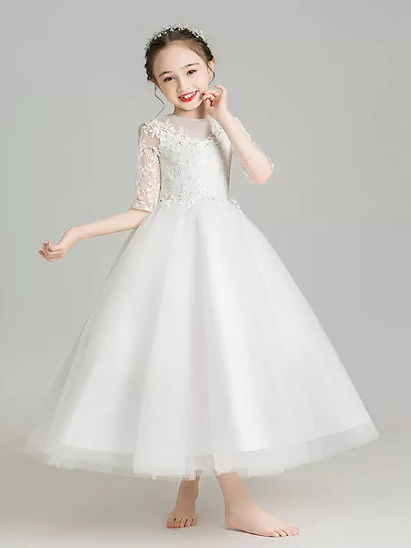 Girls Princess Dress Flower Girl Puffy White Gown Piano Performance Costume - Dorabear