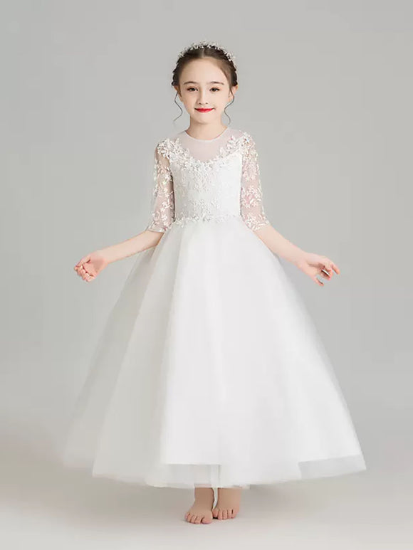 Girls Princess Dress Flower Girl Puffy White Gown Piano Performance Costume - Dorabear