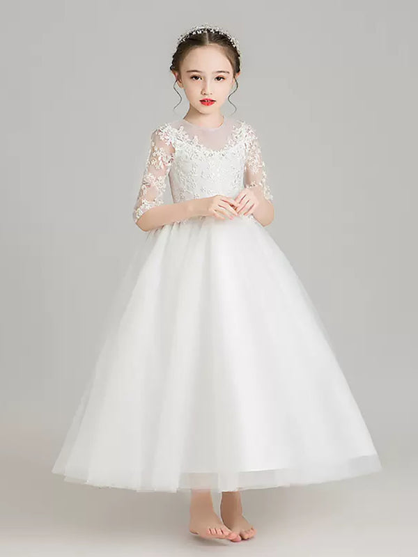 Girls Princess Dress Flower Girl Puffy White Gown Piano Performance Costume - Dorabear