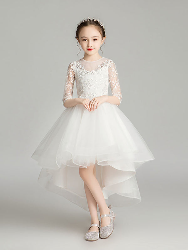 Girls Princess Dress Flower Girl Puffy White Gown Piano Performance Costume - Dorabear