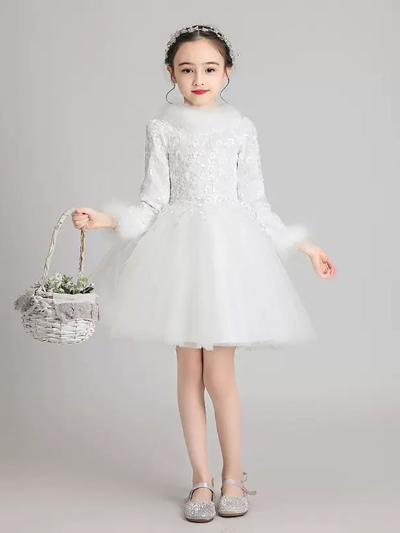 Girls Princess Dress Flower Girl Wedding Dress Thickened Long Sleeve Gown Performance Costume - Dorabear