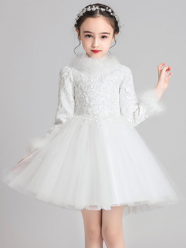 Girls Princess Dress Flower Girl Wedding Dress Thickened Long Sleeve Gown Performance Costume - Dorabear