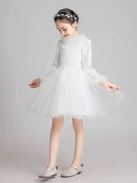 Girls Princess Dress Flower Girl Wedding Dress Thickened Long Sleeve Gown Performance Costume - Dorabear