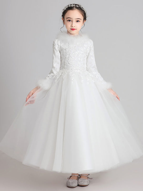 Girls Princess Dress Flower Girl Wedding Dress Thickened Long Sleeve Gown Performance Costume - Dorabear