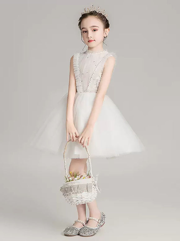 Girls Princess Dress Flower Girl Wedding Gown White Piano Performence Costume - Dorabear