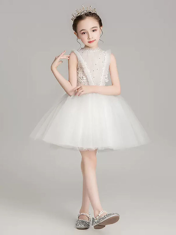 Girls Princess Dress Flower Girl Wedding Gown White Piano Performence Costume - Dorabear