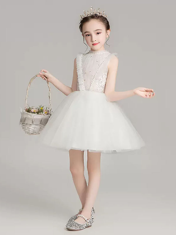 Girls Princess Dress Flower Girl Wedding Gown White Piano Performence Costume - Dorabear