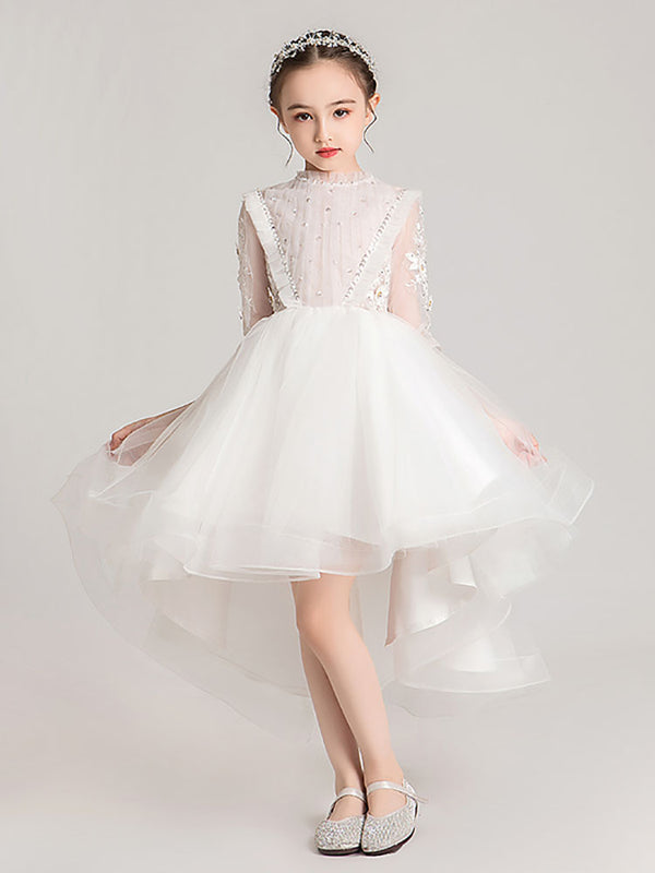 Girls Princess Dress Flower Girl Wedding Gown White Piano Performence Costume - Dorabear