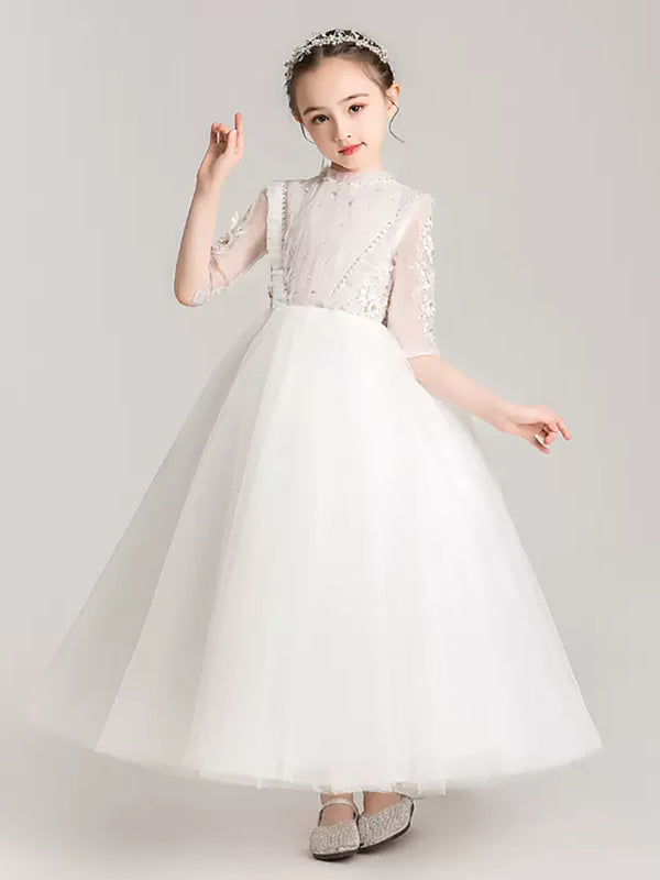 Girls Princess Dress Flower Girl Wedding Gown White Piano Performence Costume - Dorabear