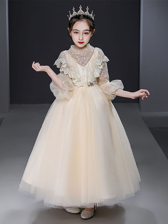 Girls Princess Dress High-end Long sleeve Wedding Dress Flower Girl Gown Performance Costume - Dorabear