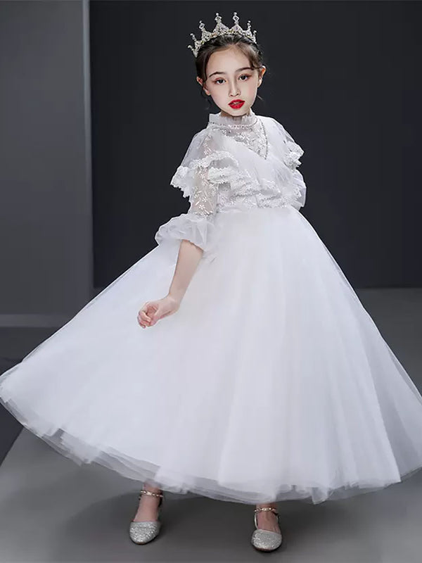 Girls Princess Dress High-end Long sleeve Wedding Dress Flower Girl Gown Performance Costume - Dorabear