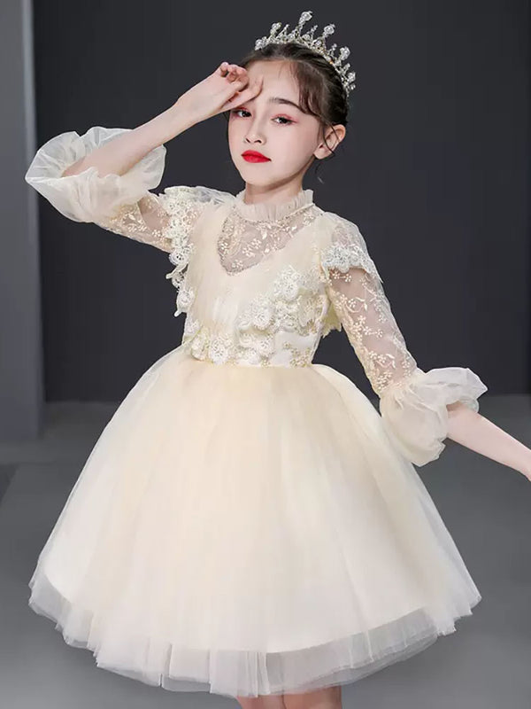 Girls Princess Dress High-end Long sleeve Wedding Dress Flower Girl Gown Performance Costume - Dorabear