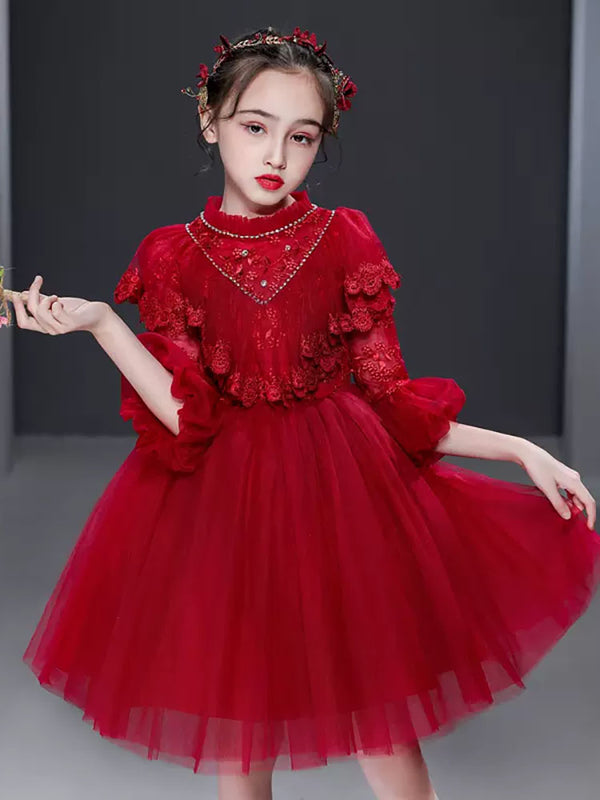 Girls Princess Dress High-end Long sleeve Wedding Dress Flower Girl Gown Performance Costume - Dorabear