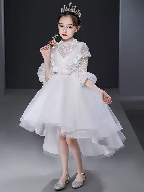 Girls Princess Dress High-end Long sleeve Wedding Dress Flower Girl Gown Performance Costume - Dorabear