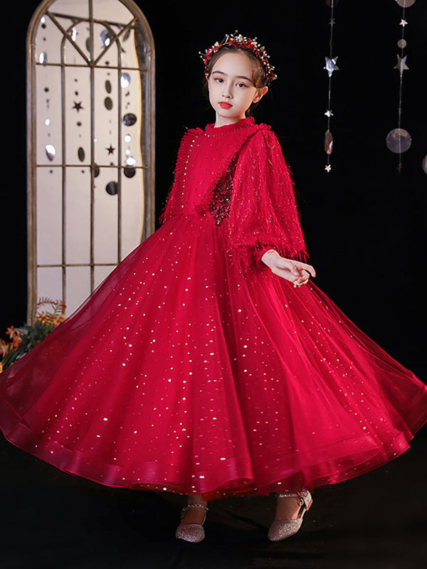 Girls Princess Dress Long Sleeve Flower Girls Wedding Dress Piano Performance Costume - Dorabear