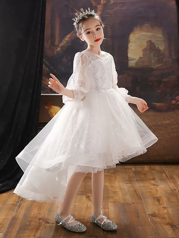 Girls Princess Dress Puffy Evening Gown Piano Performance Long Sleeve Costume - Dorabear