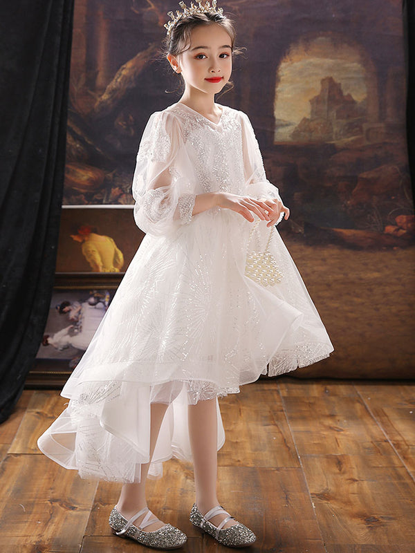 Girls Princess Dress Puffy Evening Gown Piano Performance Long Sleeve Costume - Dorabear