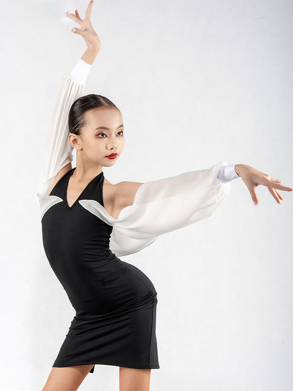 Latin Dance Puff Sleeve Exercise Dress Autumn Performance Costume - Dorabear