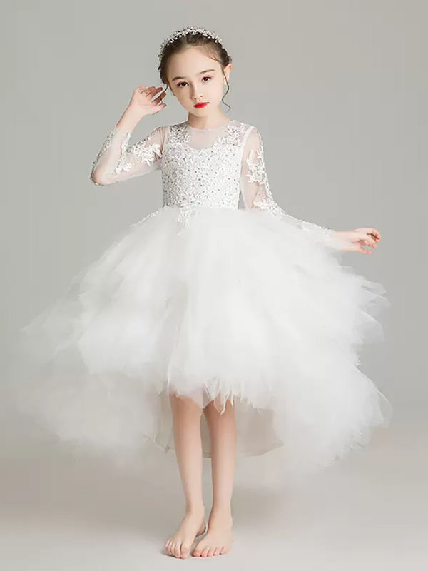 Girls Puffy Princess Dress Flower Girl Wedding Dress Piano Performence Costume - Dorabear