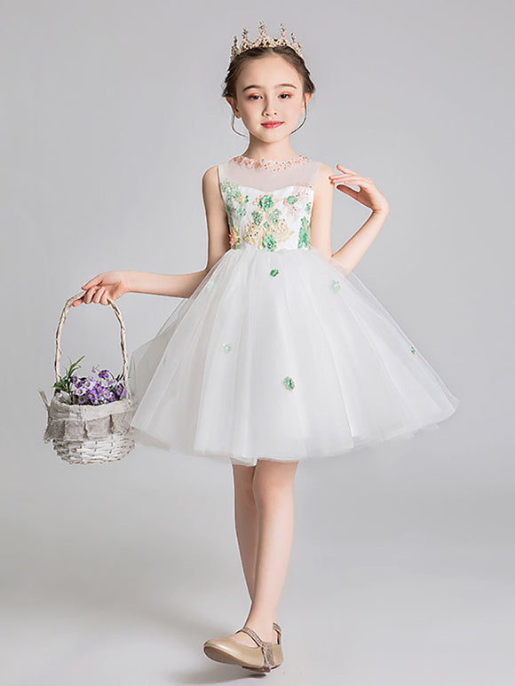 Girls Puffy Princess Dress Flower Girl Wedding Gown White Piano Performance Dress - Dorabear