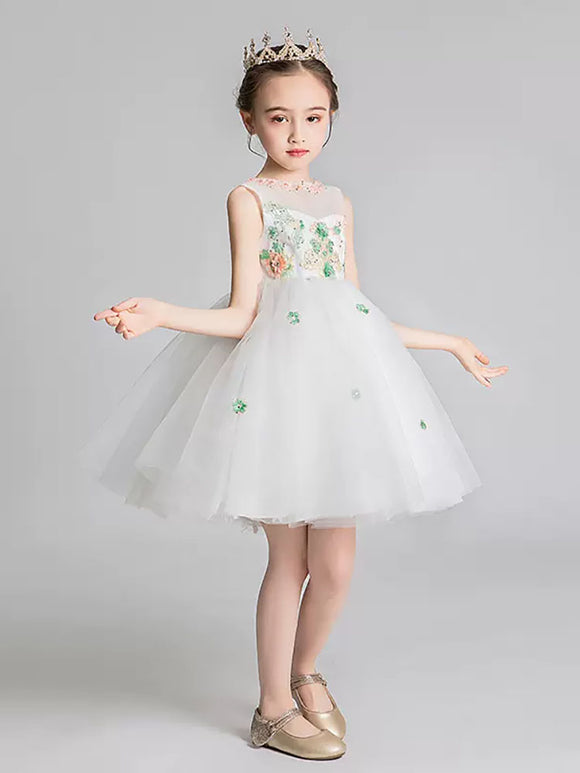 Girls Puffy Princess Dress Flower Girl Wedding Gown White Piano Performance Dress - Dorabear