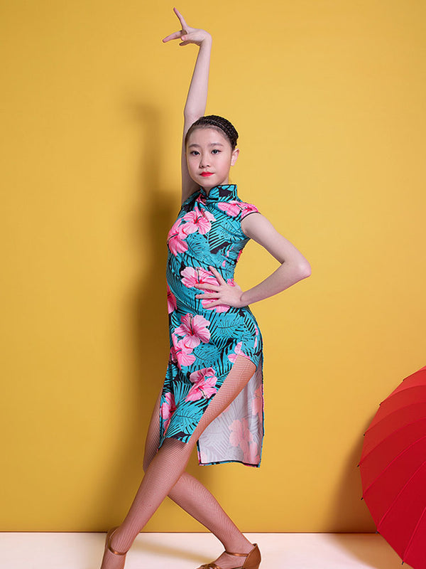 Summer Cheongsam Collar Small Cap Sleeve Latin Dance Dress - Dorabear