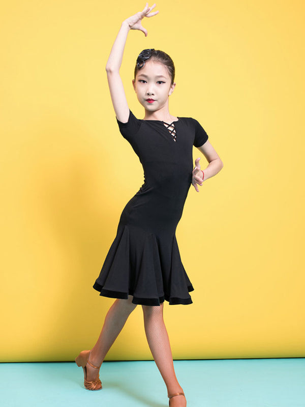 Summer Collar Cross Short Sleeve Latin Dance Dress Competition Costume - Dorabear