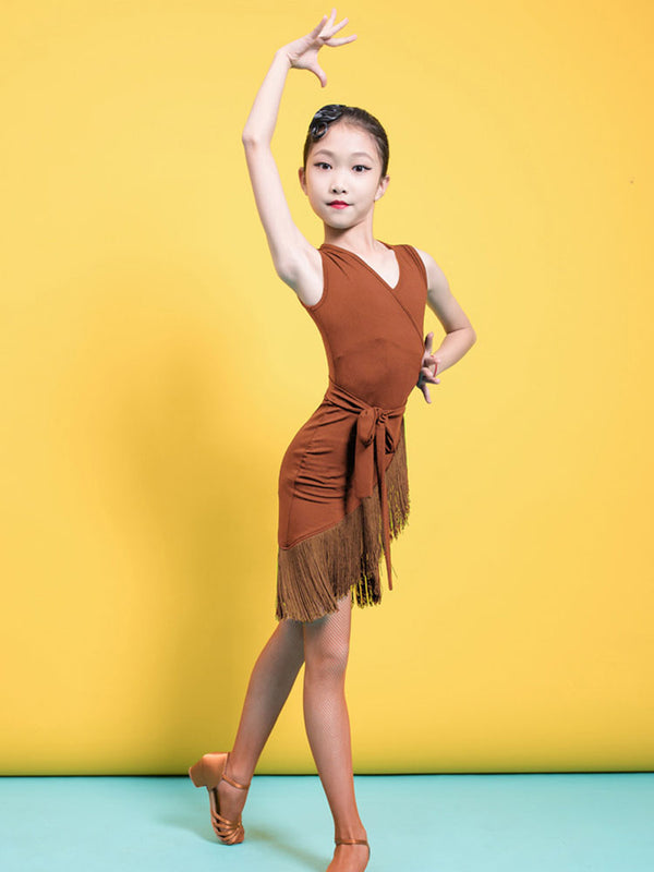 Summer Sleeveless V-neck Latin Dance Practice Clothes Fringed Dress - Dorabear