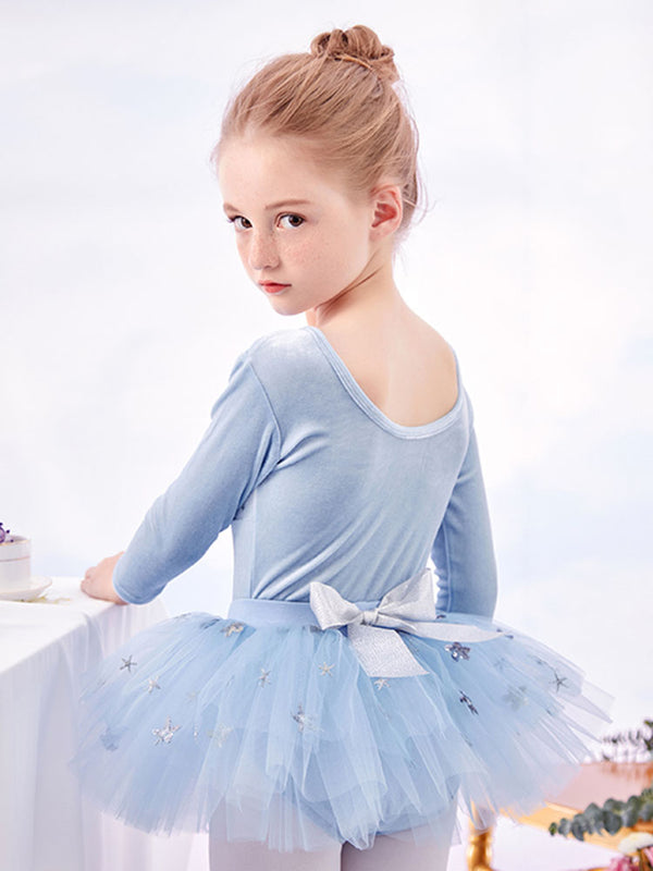 Velvet Back Bow Dance Skirt Autumn/Winter Long-sleeved Ballet Split Suits - Dorabear