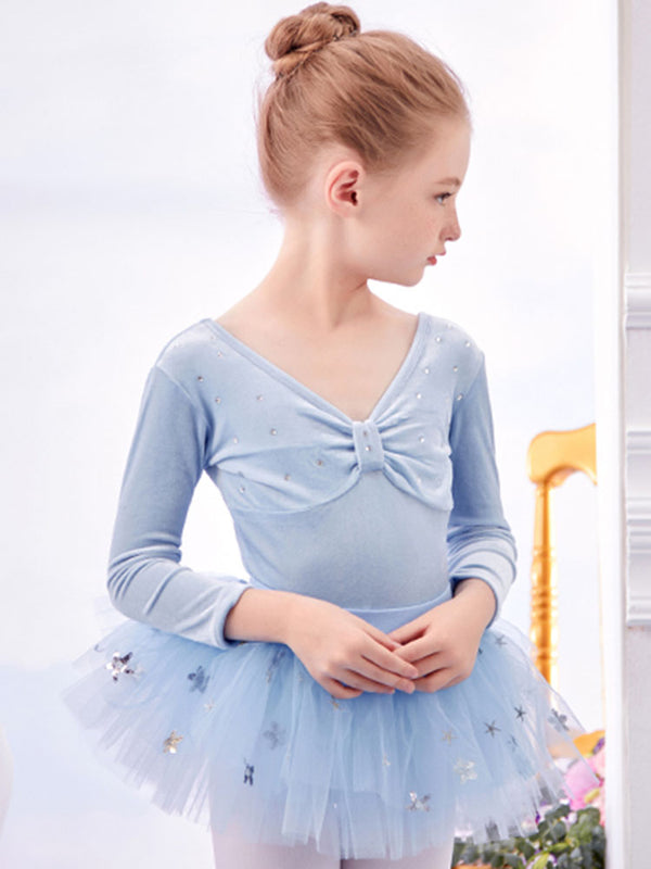 Velvet Back Bow Dance Skirt Autumn/Winter Long-sleeved Ballet Split Suits - Dorabear