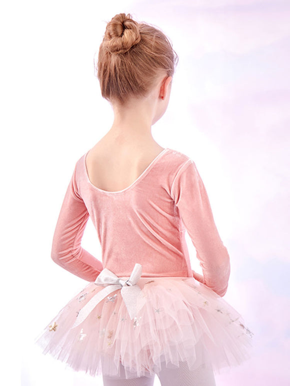 Velvet Back Bow Dance Skirt Autumn/Winter Long-sleeved Ballet Split Suits - Dorabear