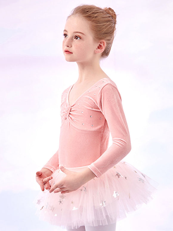 Velvet Back Bow Dance Skirt Autumn/Winter Long-sleeved Ballet Split Suits - Dorabear