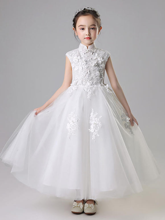 Girls' Banquet Gown Flower Kid's Puffy Yarn Stand Neck Cheongsam Wedding Dress - Dorabear