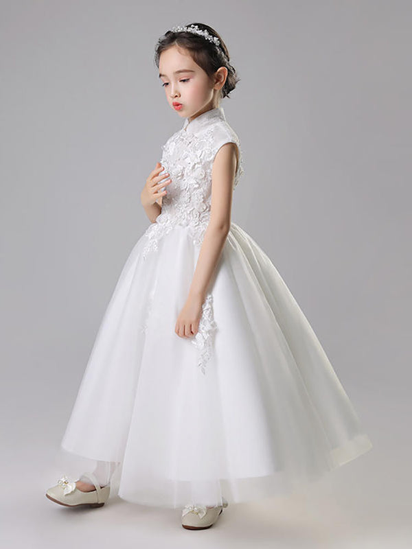 Girls' Banquet Gown Flower Kid's Puffy Yarn Stand Neck Cheongsam Wedding Dress - Dorabear